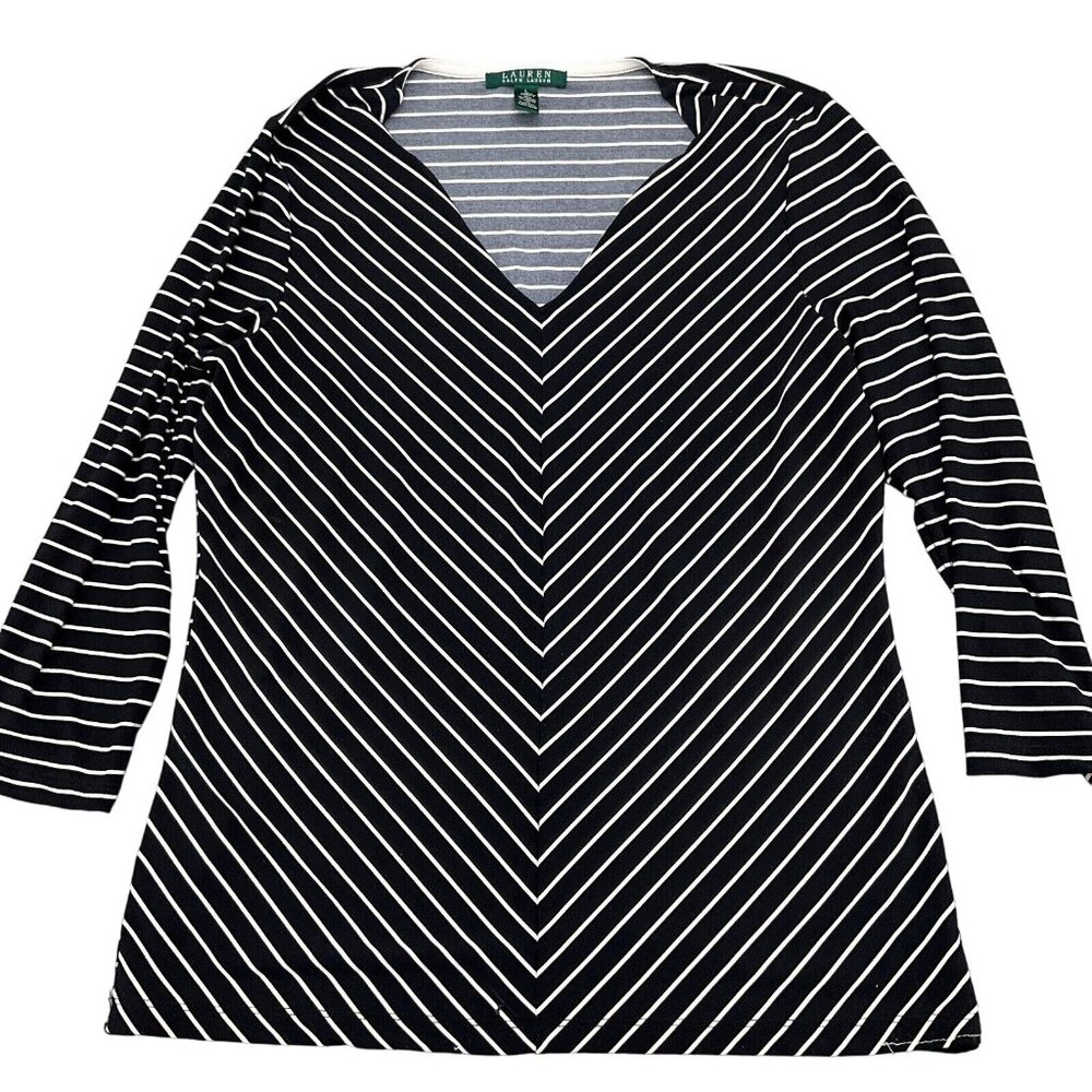 Lauren Ralph Lauren Top Women Large Black Beige Stripe Stretch Comfort Casual